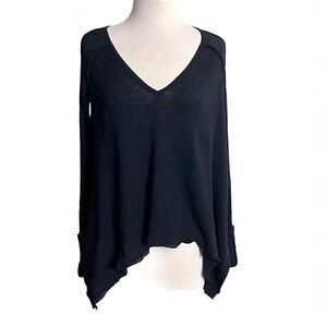 Free People Black Waffle Knit Shark Bite Hem Oversized Long Sleeve Soft Tunic XS